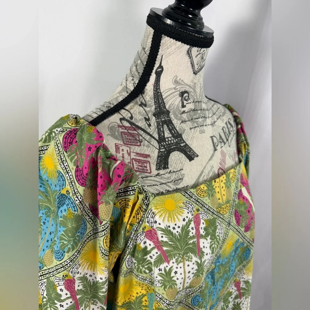 LOFT Tropical Floral Print Blouse Women’s M Boho Puff Sleeve Cotton Blend Top